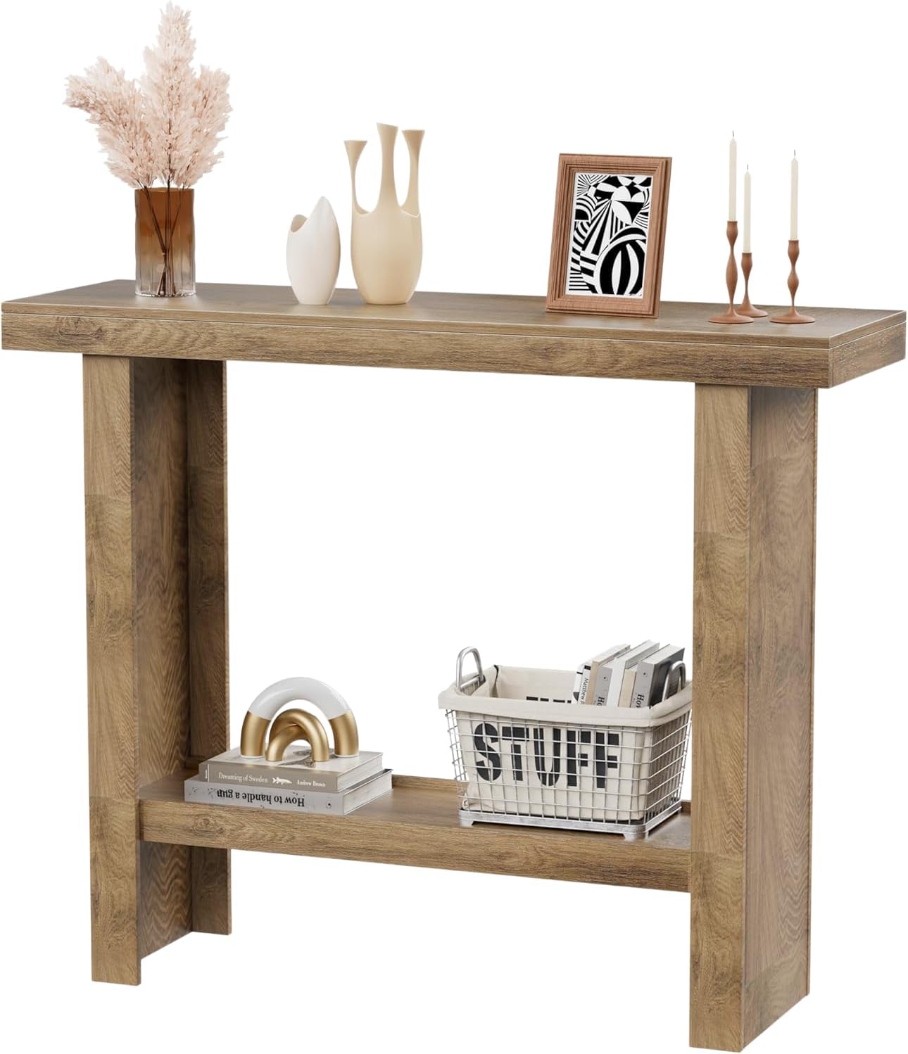 Farmhouse Narrow Console Table With Storage Shelves