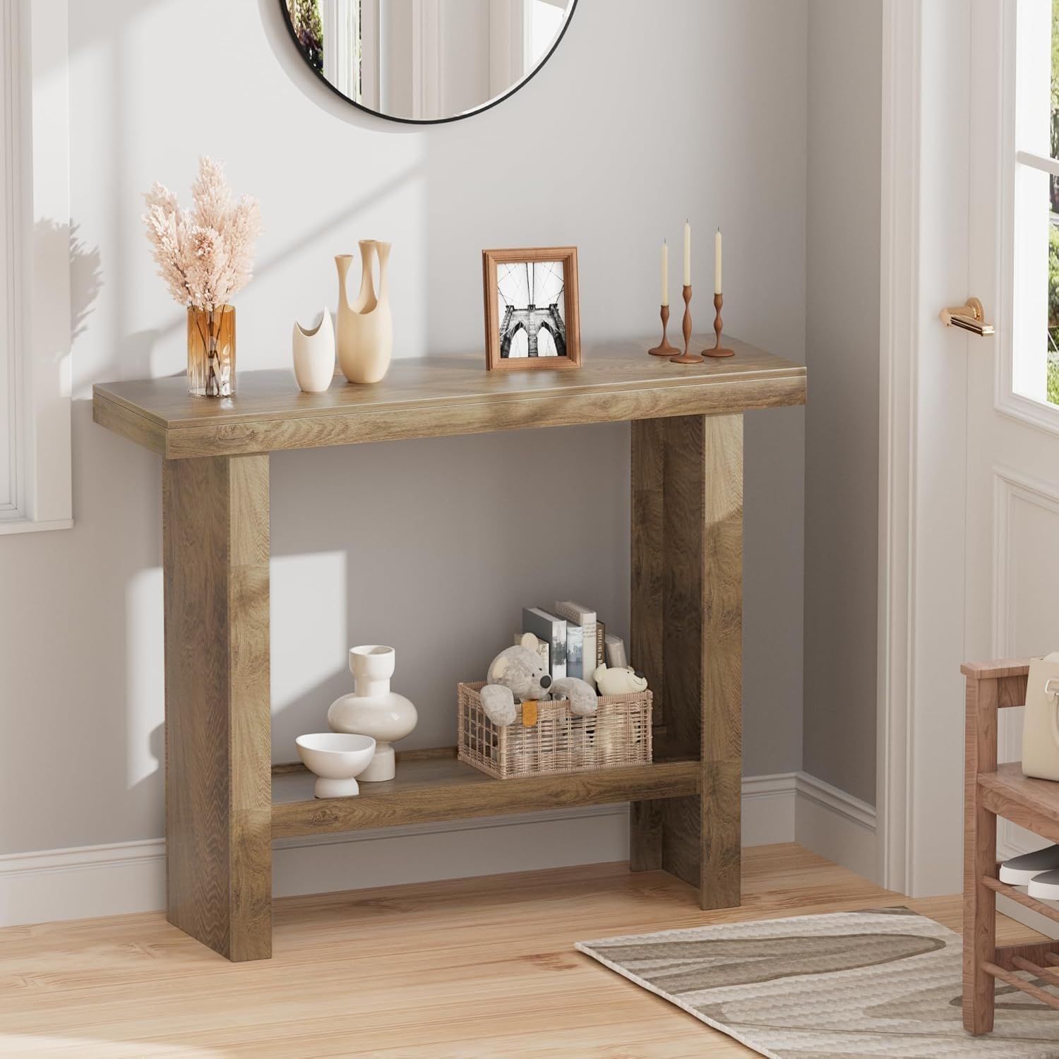 Farmhouse Narrow Console Table With Storage Shelves