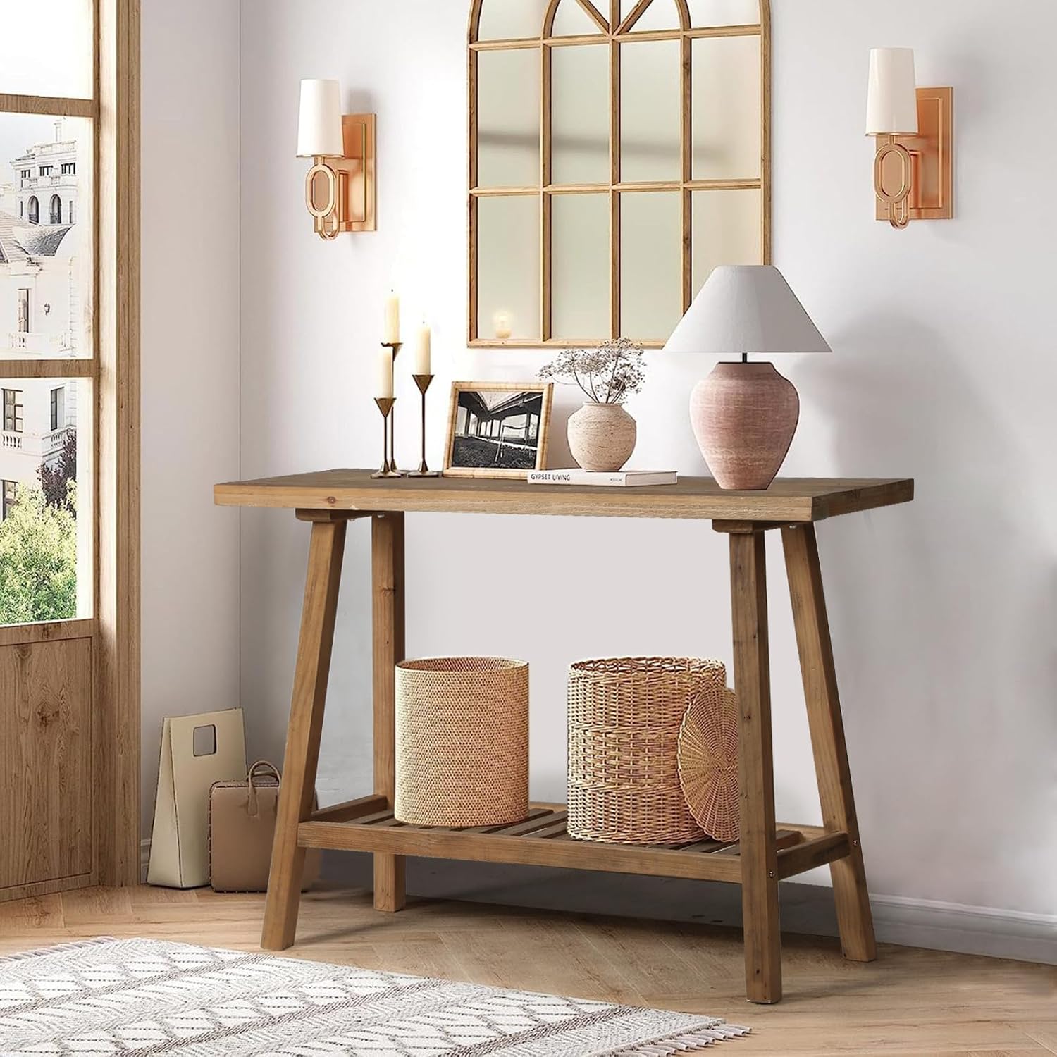43.3" Reclaimed Wood 2-Tier Farmhouse Console Table