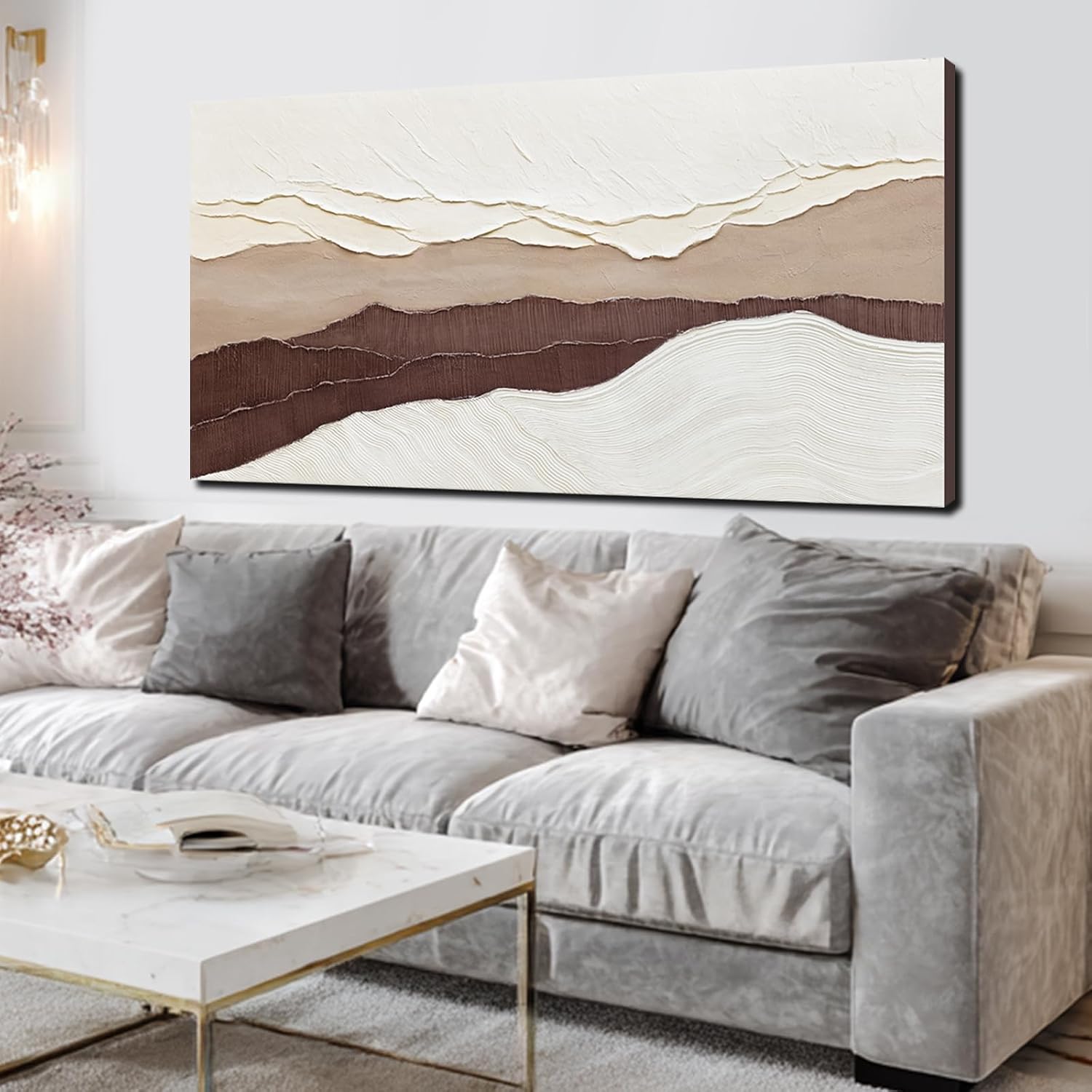 29x58" Beige Brown Wave Canvas Wall Art