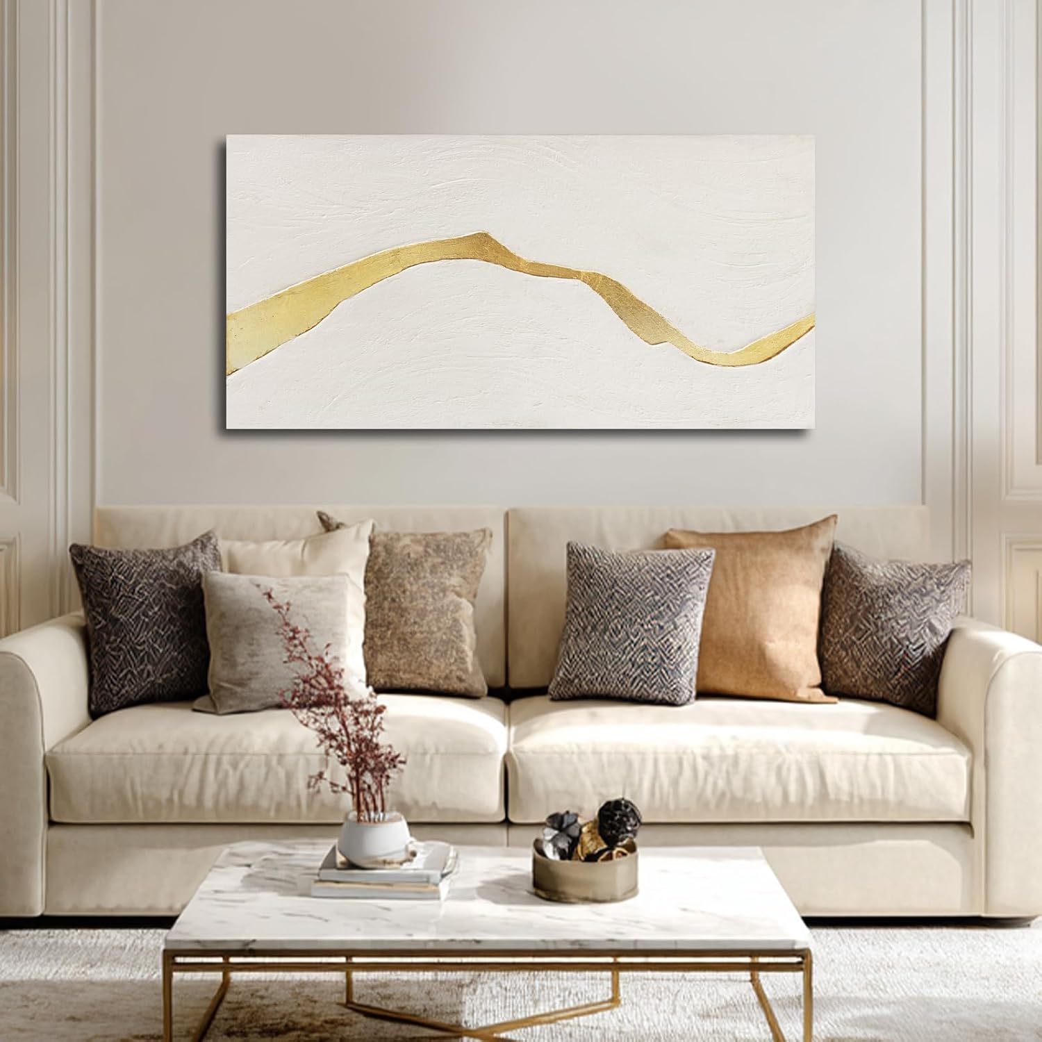 24x48 Inch White Gold Textured Abstract Canvas Wall Art