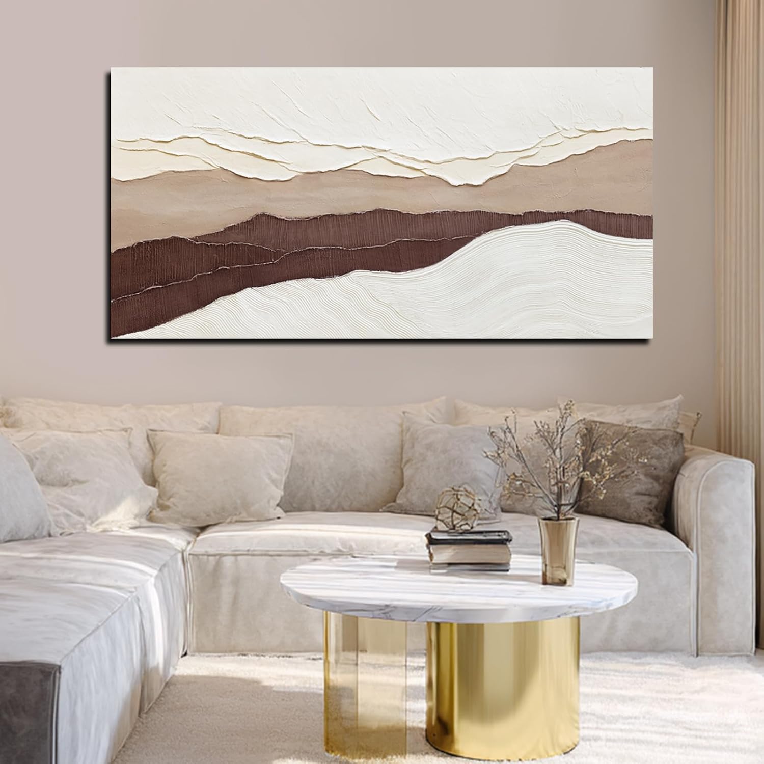 29x58" Beige Brown Wave Canvas Wall Art