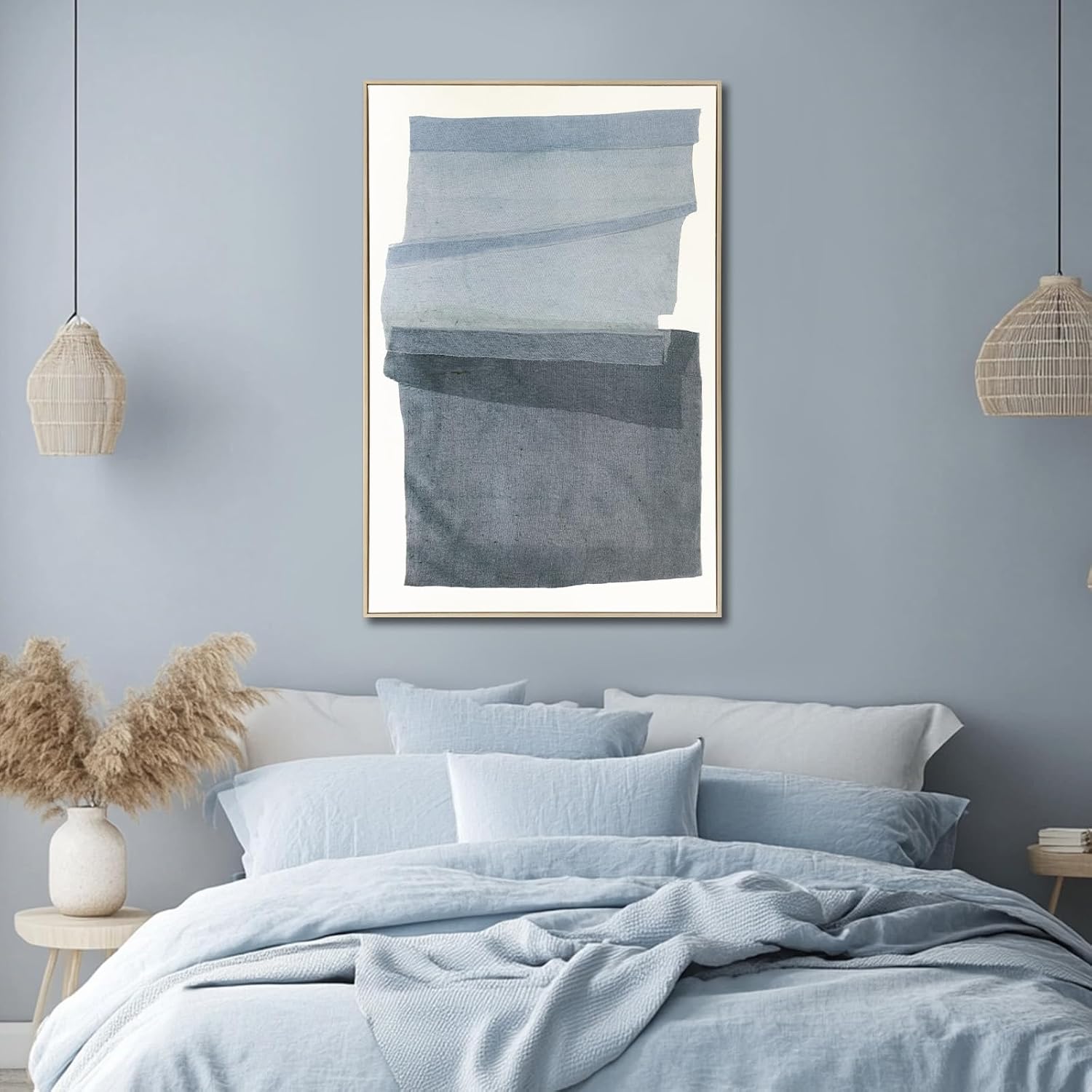 32x48 Inch Gray Blue Framed Neutral Abstract Wall Art