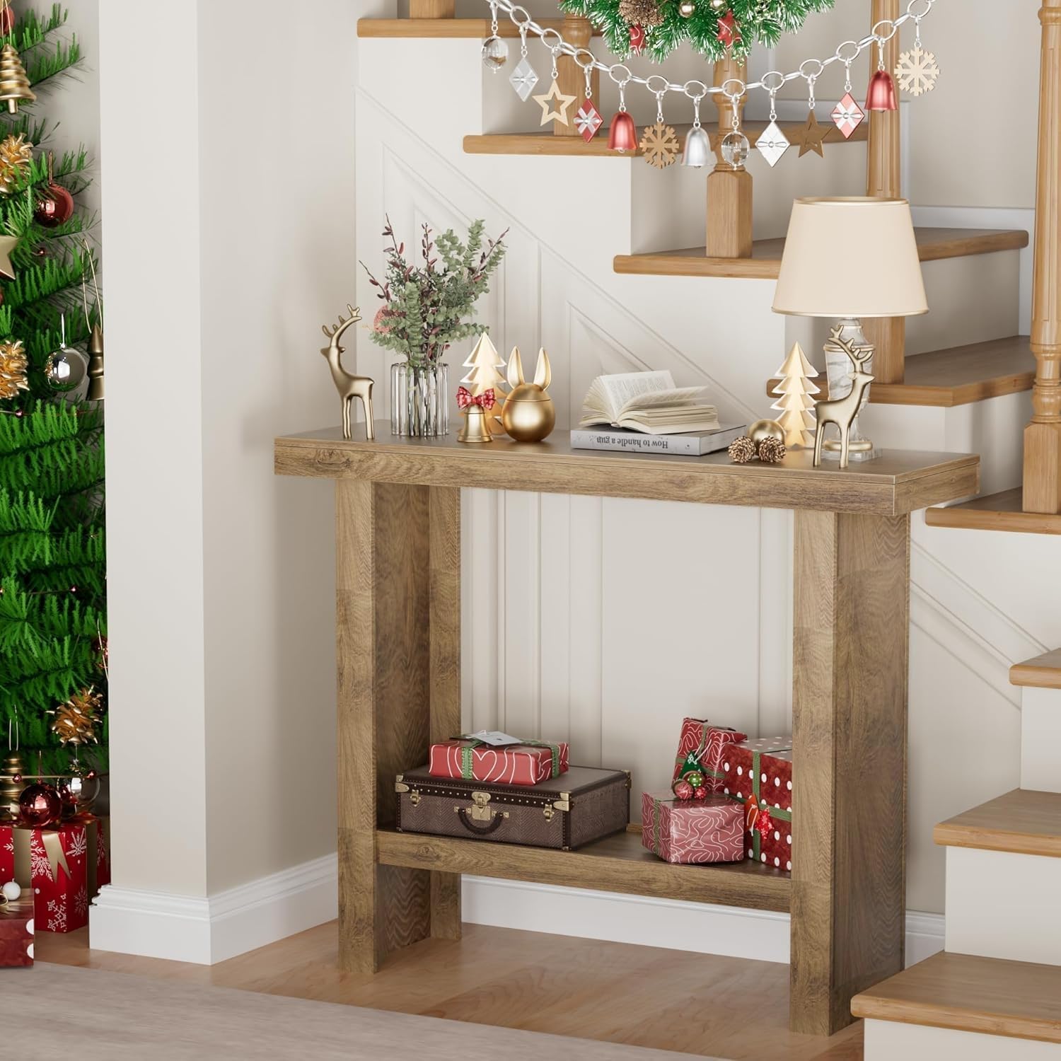 Farmhouse Narrow Console Table With Storage Shelves