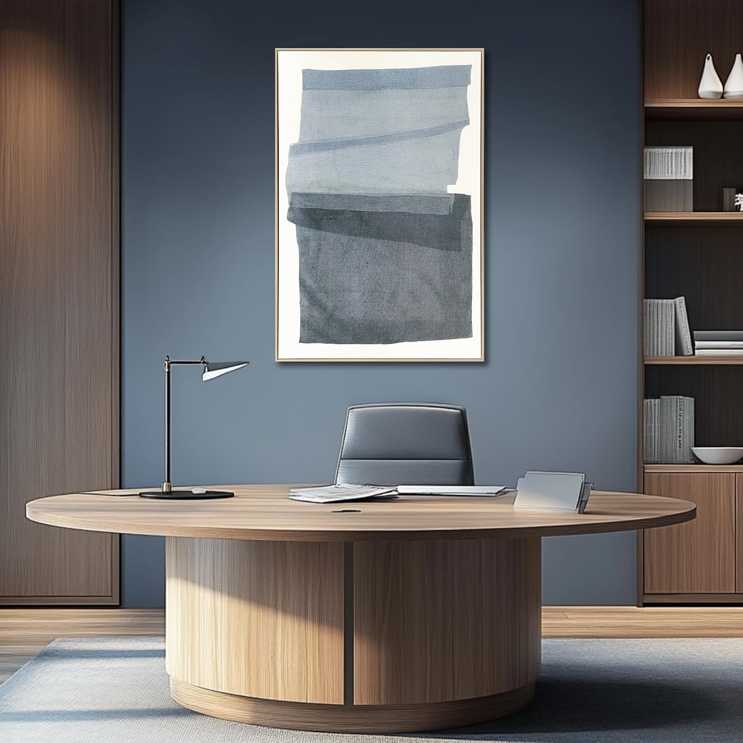 32x48 Inch Gray Blue Framed Neutral Abstract Wall Art