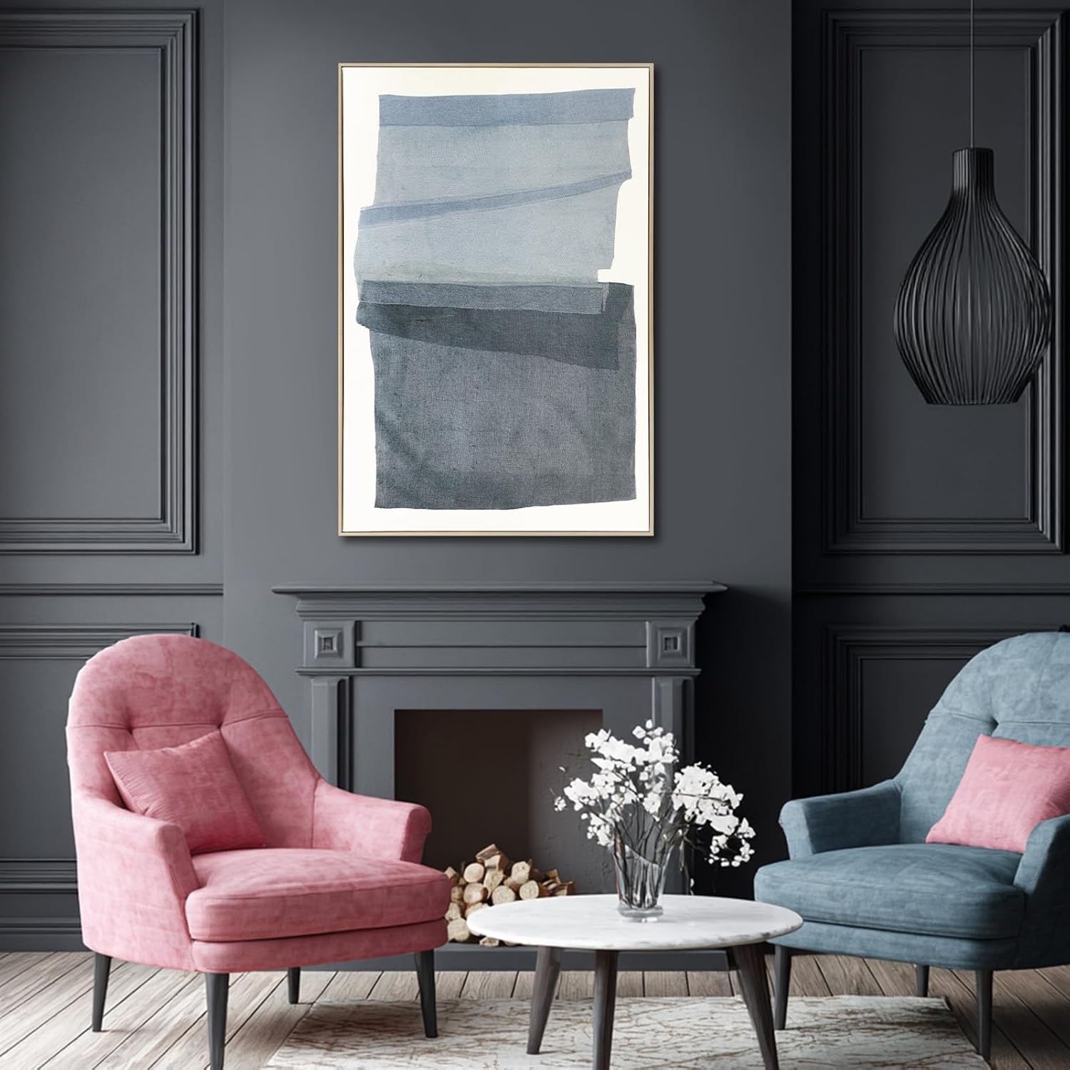 32x48 Inch Gray Blue Framed Neutral Abstract Wall Art