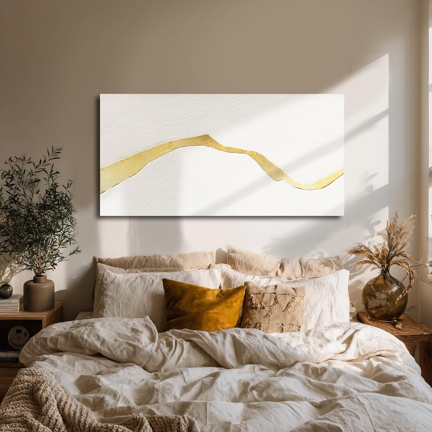 24x48 Inch White Gold Textured Abstract Canvas Wall Art