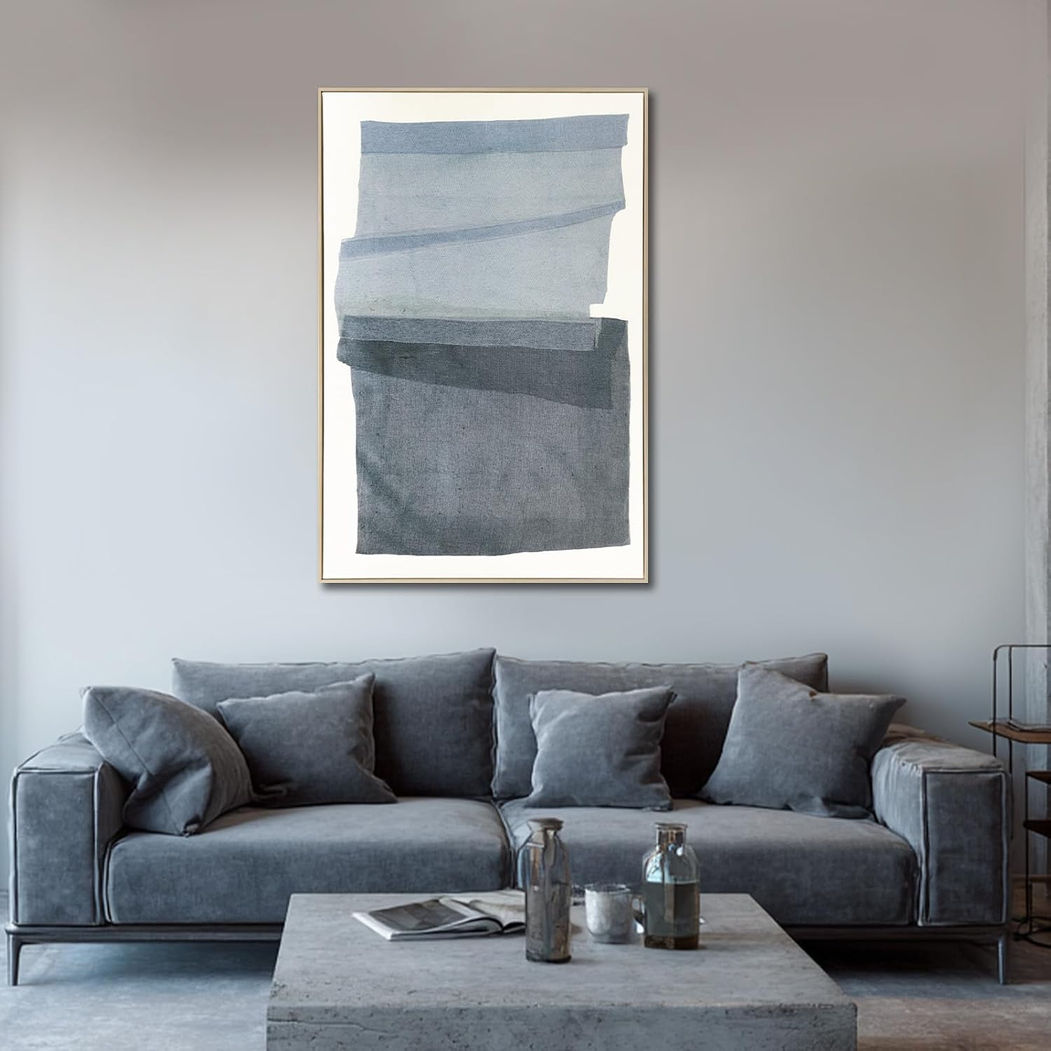32x48 Inch Gray Blue Framed Neutral Abstract Wall Art