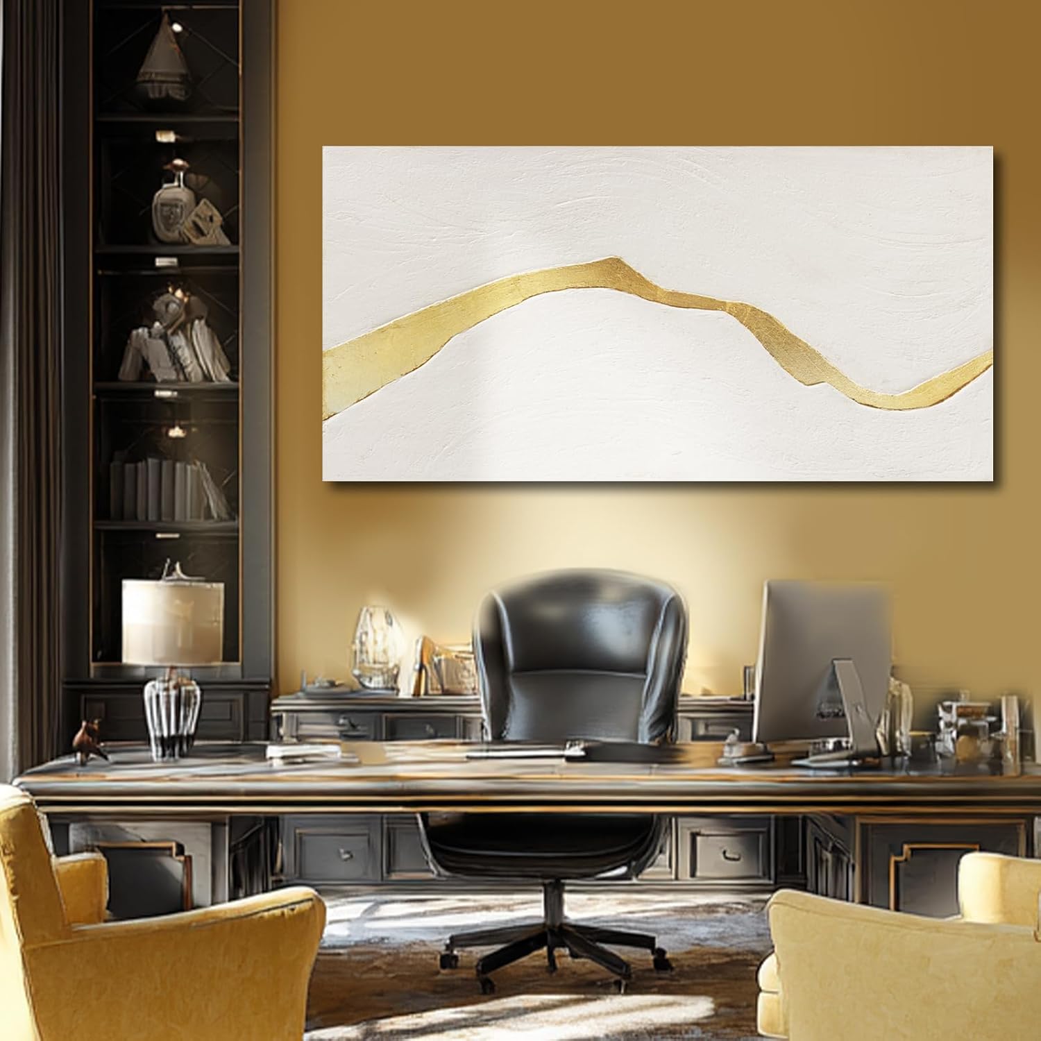 24x48 Inch White Gold Textured Abstract Canvas Wall Art