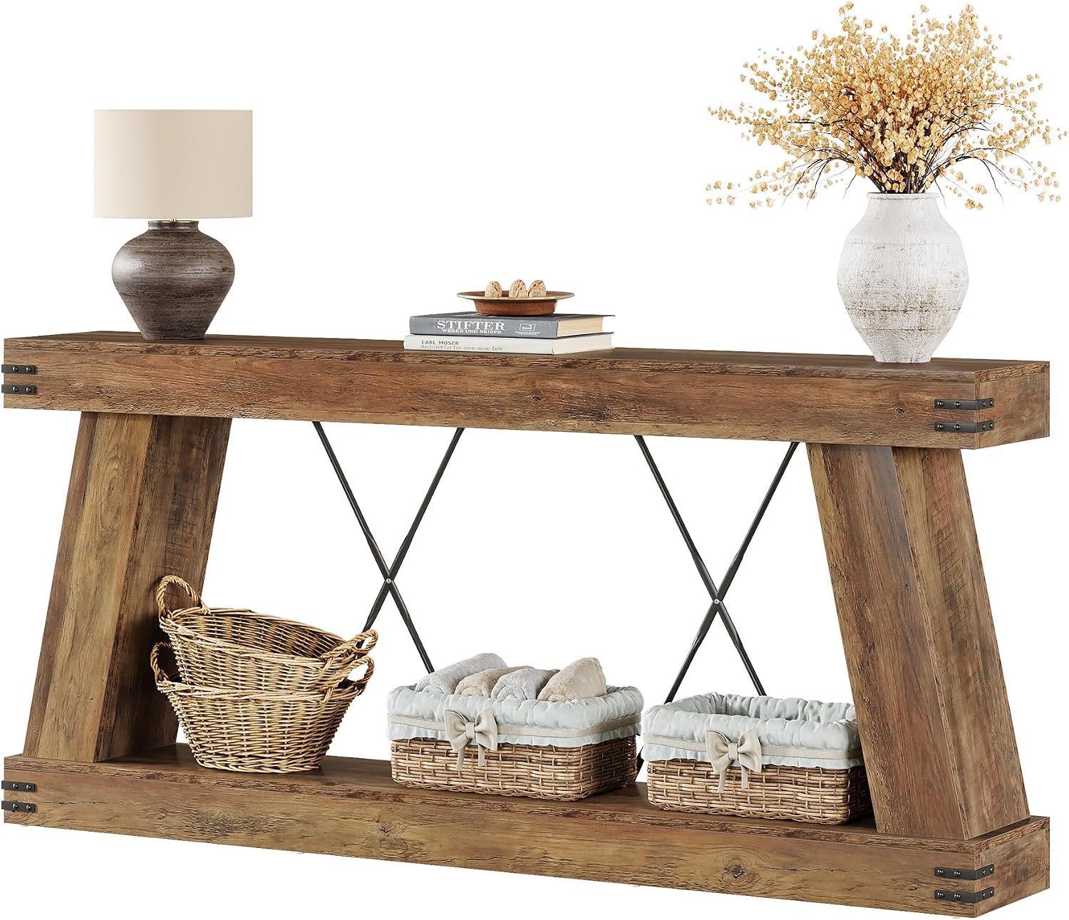 70.87" Brown Farmhouse Console Table With Storage Shelf