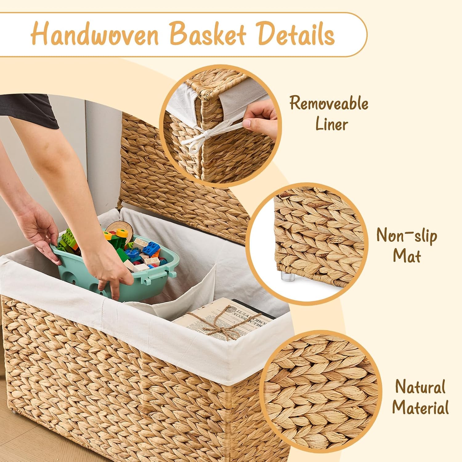 95L Wicker Storage Trunk With Lid & Removable Liner