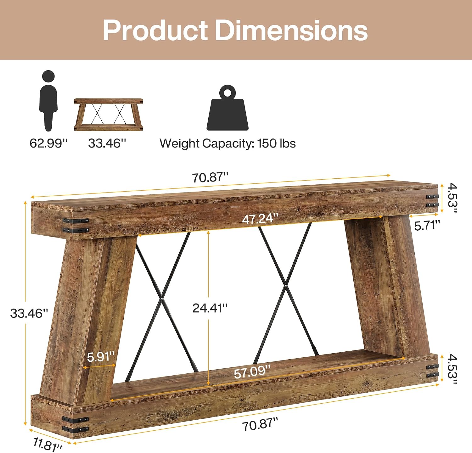 70.87" Brown Farmhouse Console Table With Storage Shelf