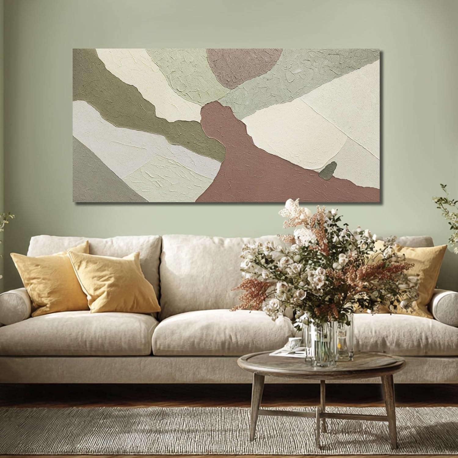 29x58" Green Neutral Geometric Framed Canvas Art