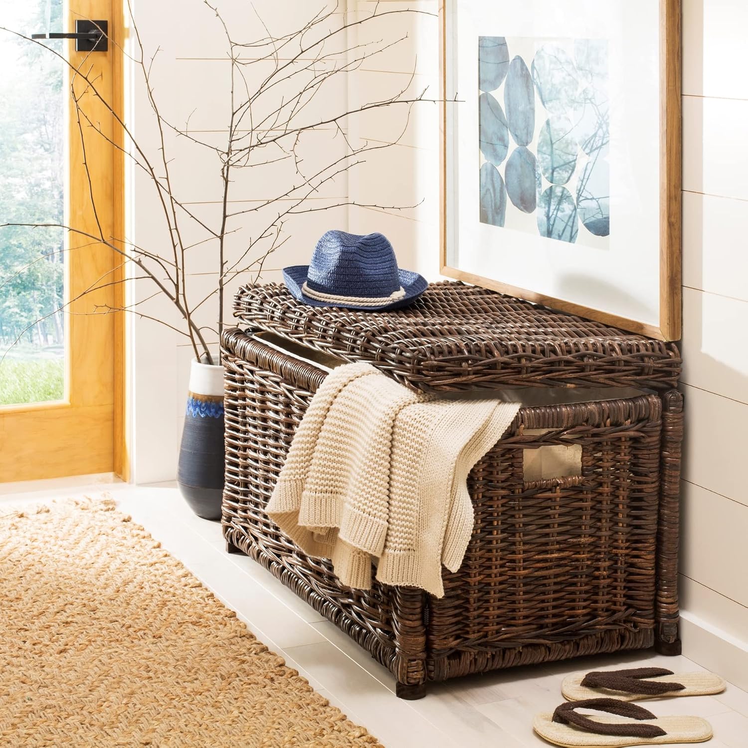 31" Brown Foldable Rattan Storage Trunk Chest