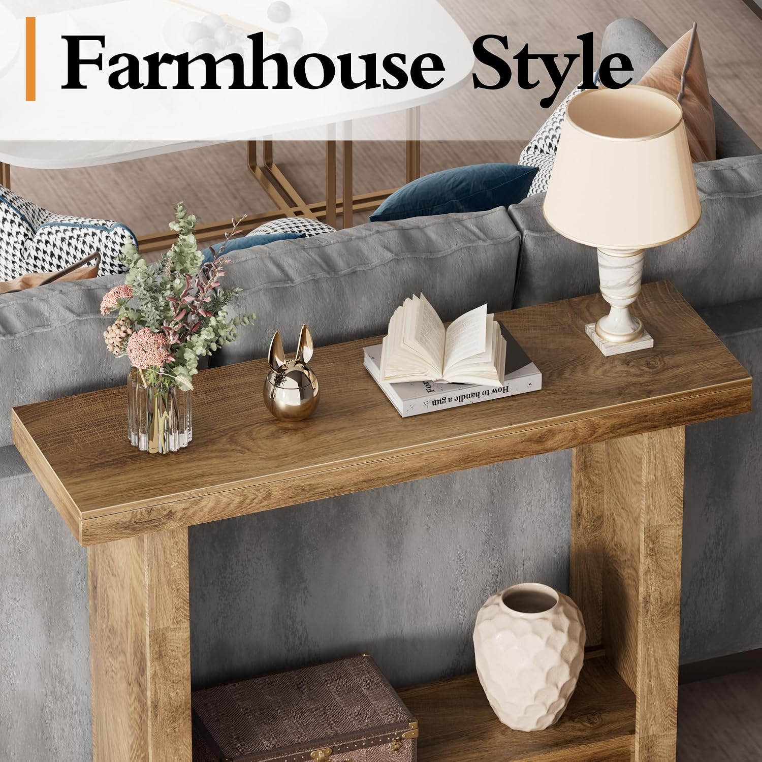 Farmhouse Narrow Console Table With Storage Shelves