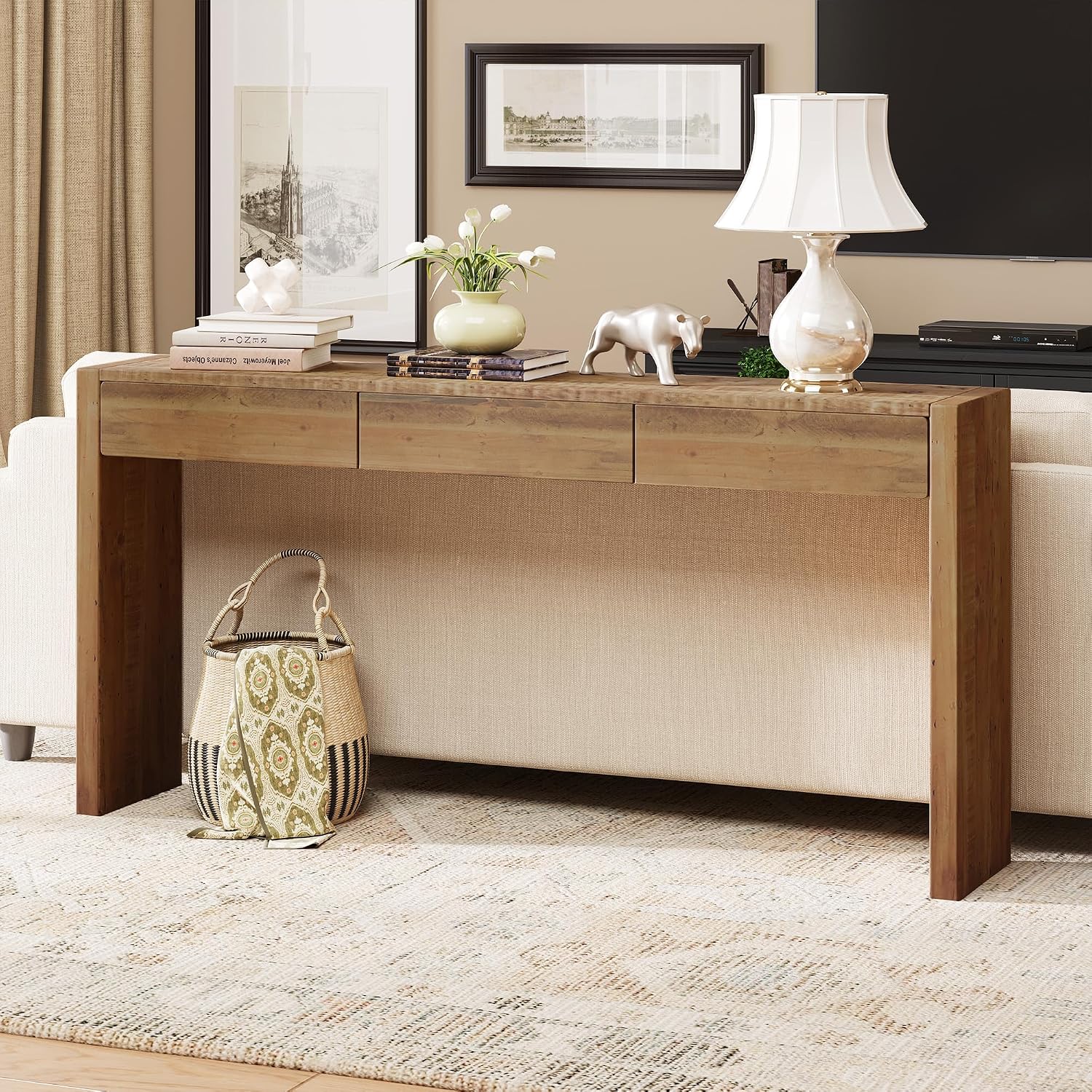 63" Reclaimed Wood Console Table With 3 Drawers