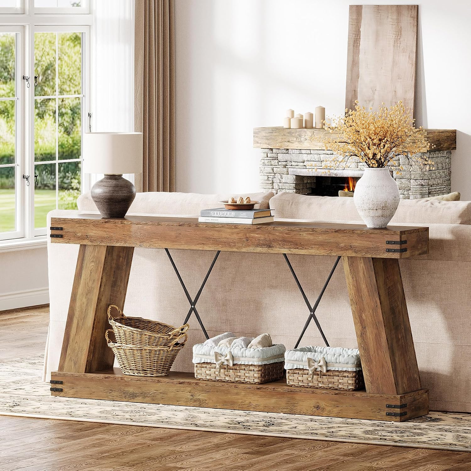 70.87" Brown Farmhouse Console Table With Storage Shelf