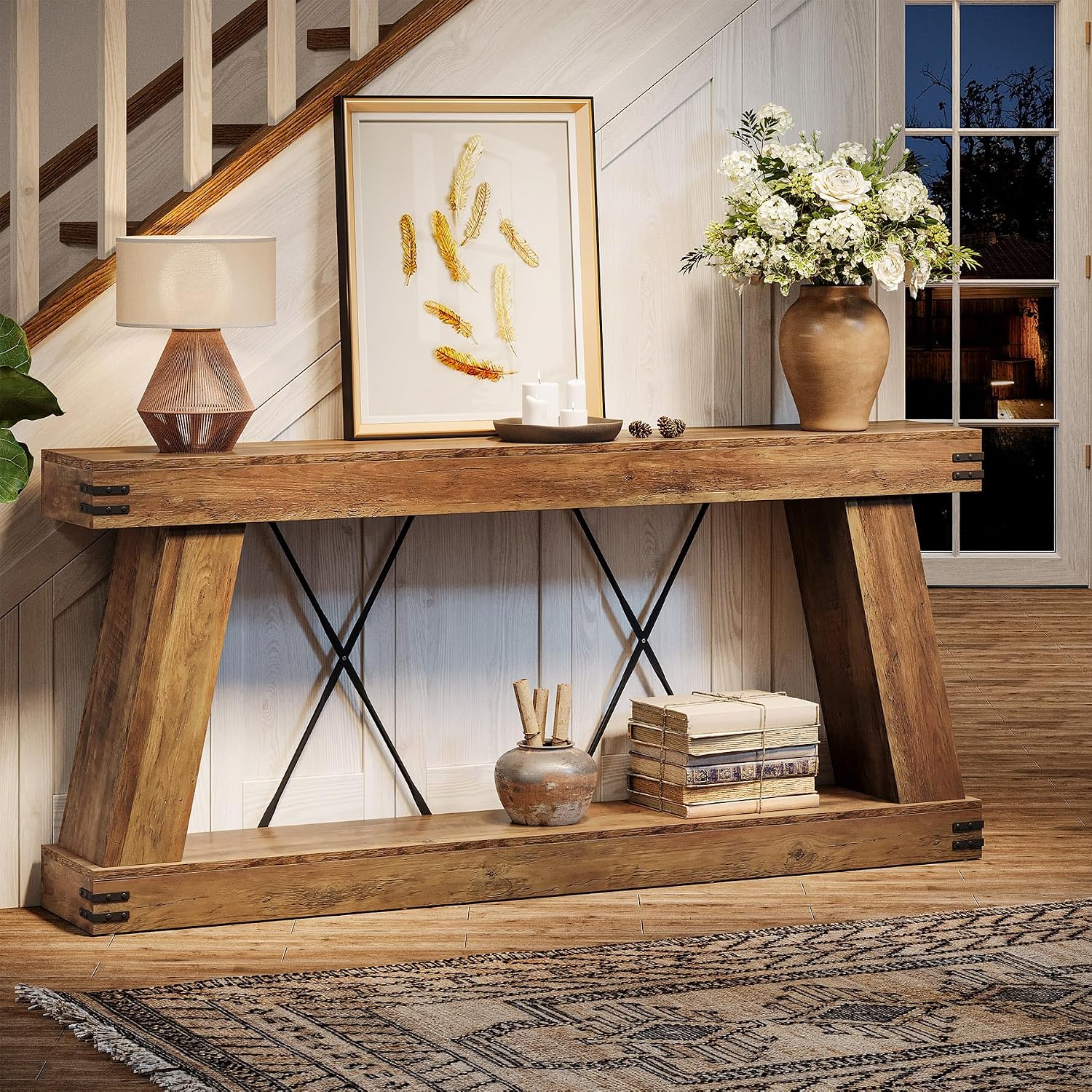 70.87" Brown Farmhouse Console Table With Storage Shelf