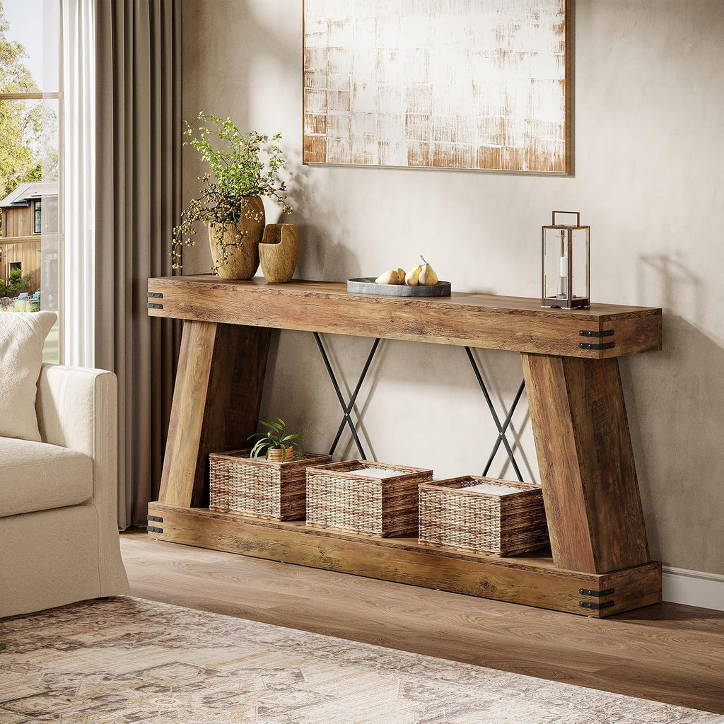 70.87" Brown Farmhouse Console Table With Storage Shelf