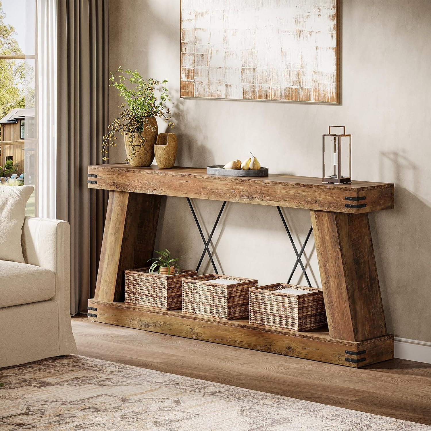 70.87" Brown Farmhouse Console Table With Storage Shelf