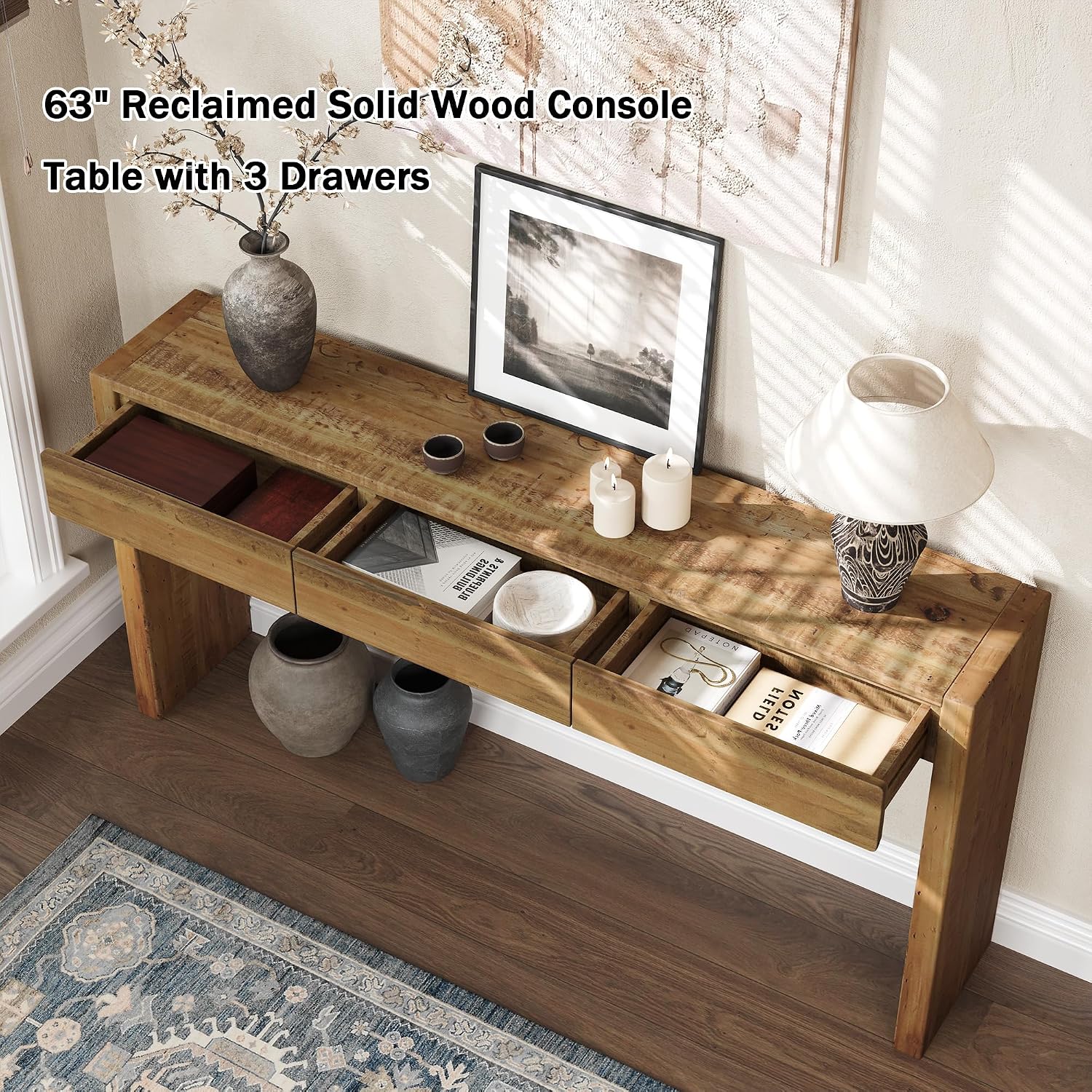 63" Reclaimed Wood Console Table With 3 Drawers