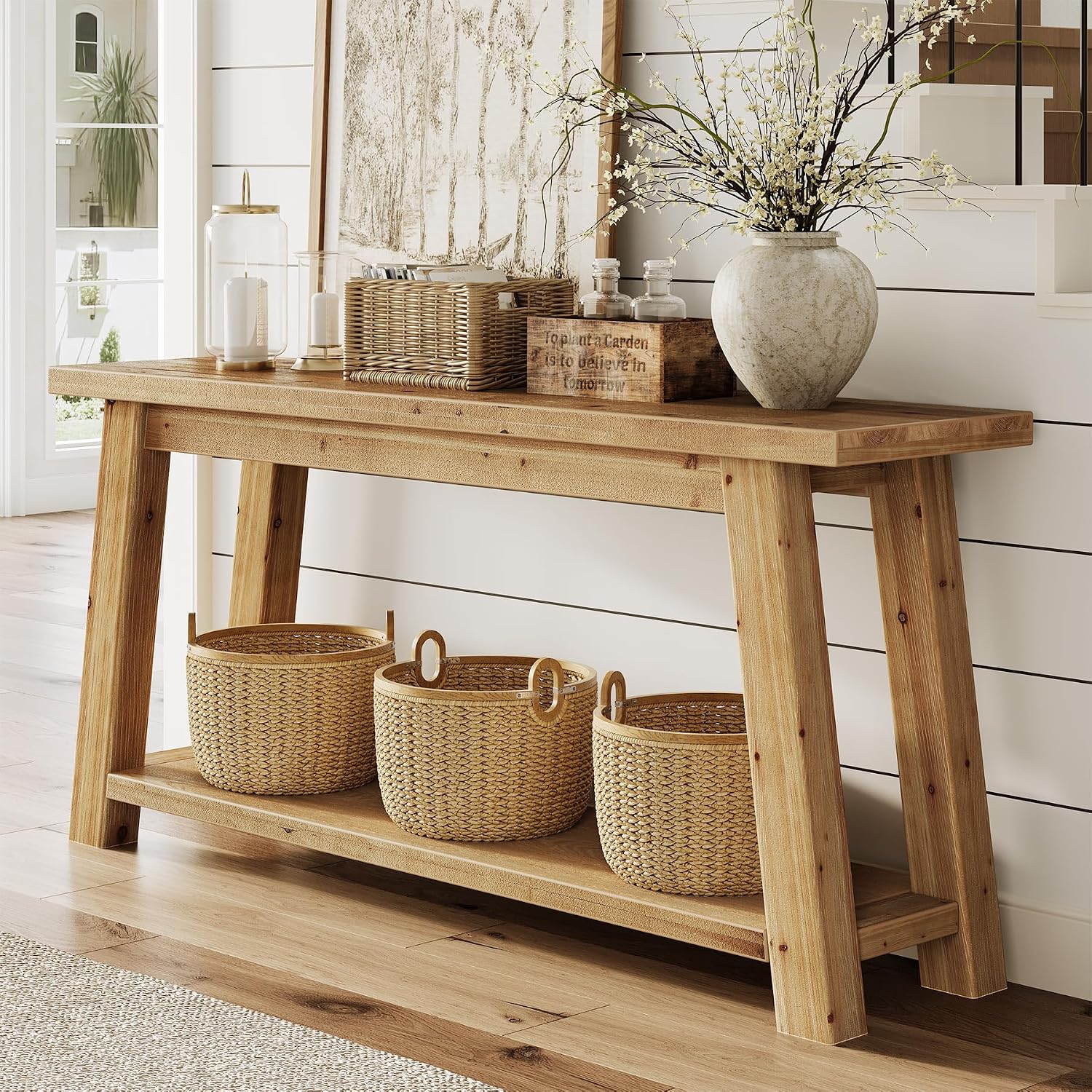 70.9" Natural 2-Tier Farmhouse Console Table