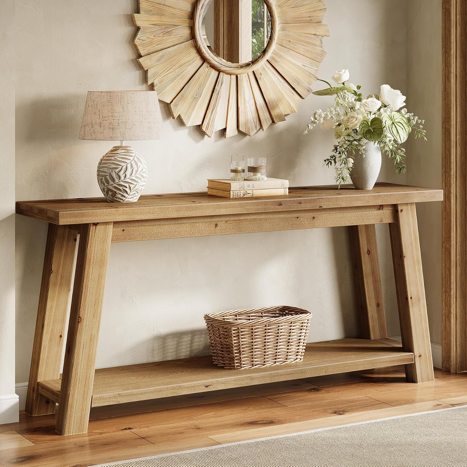 70.9" Natural 2-Tier Farmhouse Console Table